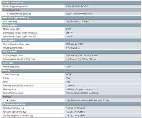 オリジナルシメンス 6ES7288-1ST30-0AA1 S7-200 SMART CPU ST30 STANDARD CPU DC/DC/DC 18DI/12DO