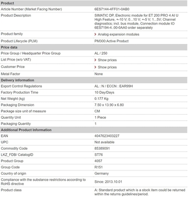 100% オリジナル 6ES7144-4FF01-0AB0 ET 200 PRO 4 AI U 高機能チャンネル診断