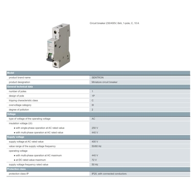 シメンス 5SN6110-7CN 230/400V 6kA 1極 C 10A 断路器 純重量 kg 0.261 kg