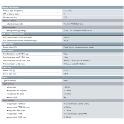 6ES7412-2XK07-0AB0 オリジナルパッケージ SIMATIC S7-400 CPU 412-2 1MB ワーキングメモリ